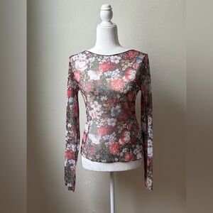 Yoins Sheer Floral Mesh Long Sleeve Top Slim Stretch Y2K Fairy Grunge Medium